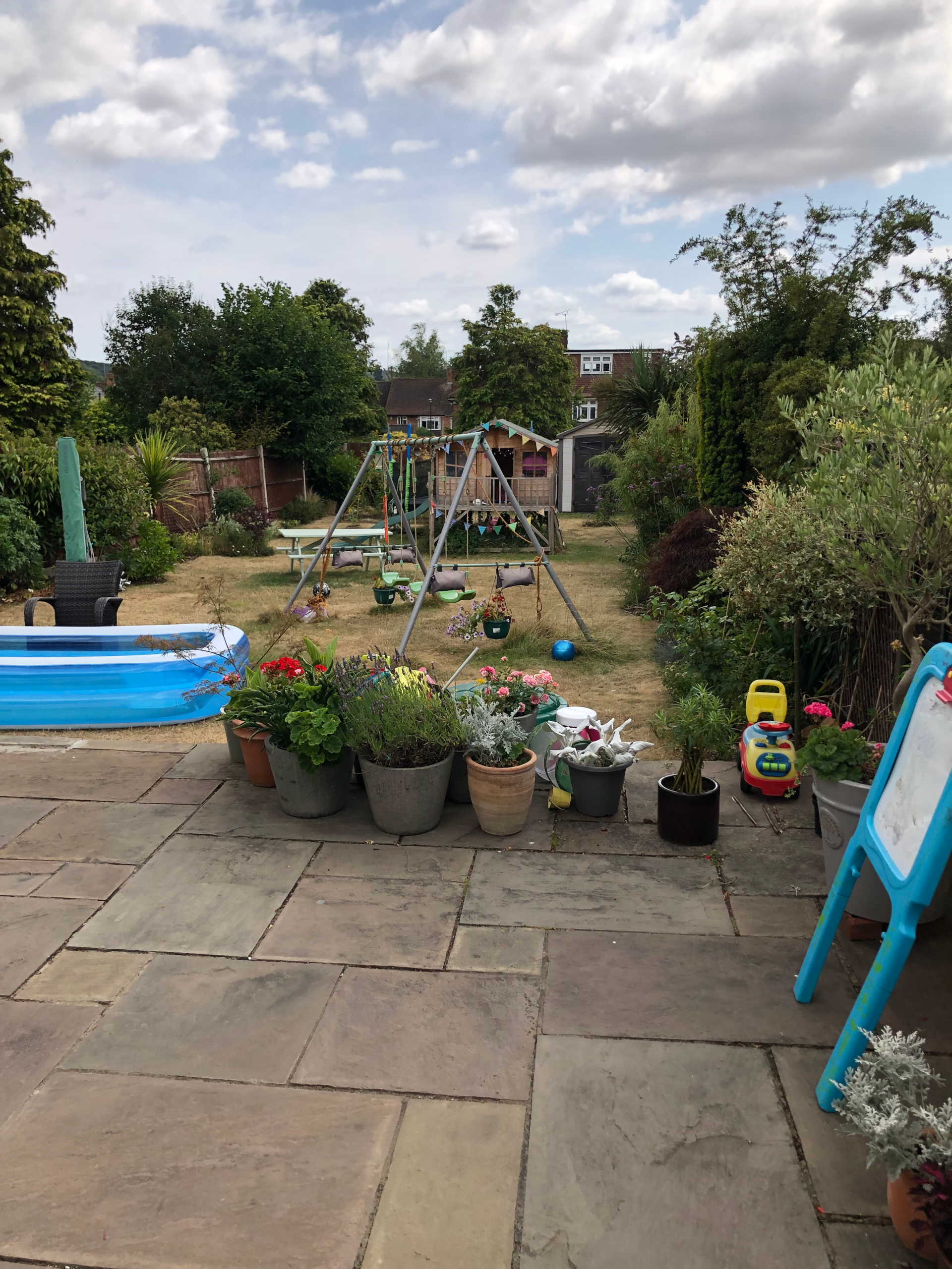 A patio with furniture and a paddling pool